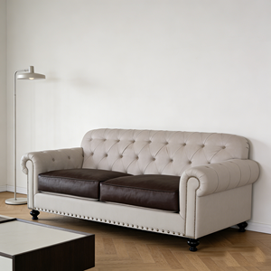 American Retro Tufted <strong>Sofa</strong> - Cream &amp; <strong>Dark</strong> Brown Two-Tone <strong>Leather</strong> Upholstered Rivet Accent 3-Seater Living Room <strong>Sofa</strong> - Product Image 2