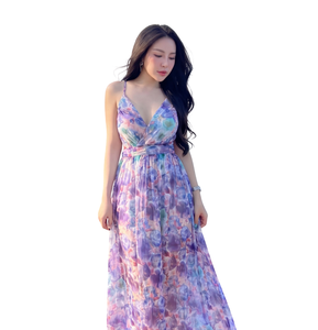 เดรสชีฟองลายดอกไม้แบบสลิปสำหรับขายส่ง คอวีผูกเอว ทรงสวยหรู ยาวคลุมข้อเท้า เหมาะสำหรับงานปาร์ตี้ - Product Image 1