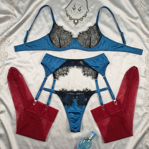 Ensemble soutien-gorge et jarretière en satin bleu-noir avec bas rouges, lingerie sexy pour femme, camisole en maille florale, porte-jarretelles, lingerie érotique pour adulte - Product Image 6