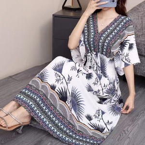 Women Summer New Vintage Floral Print <strong>Dresses</strong> V-neck <strong>Elastic</strong> Waist Short Sleeve Vacation Style Fashion Long <strong>Dress</strong> - Product Image 1