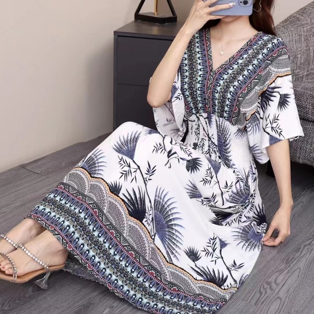 Women Summer New Vintage Floral Print Dresses V-neck Elastic Waist Short Sleeve Vacation Style Fashion Long Dress