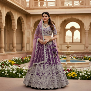 Lehenga Choli en soie brodée violette avec dupatta, longueur au sol, tenue de mariage indienne traditionnelle pour femmes - Product Image 1
