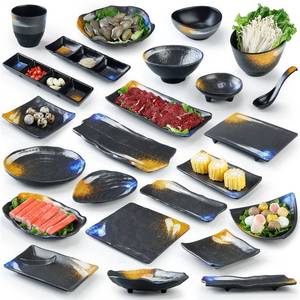 Japanese Style Melamine Serving <b>Trays</b> Rectangular Black Gold Design For <b>BBQ</b> Sushi Restaurant Use - Product Image 3