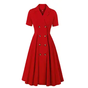 ชุดเดรสวินเทจสำหรับผู้หญิง,ชุดสูทปกสีแดงหรูหราสำหรับสาวออฟฟิศปี VD1746ขนาด50S 60S