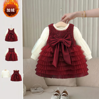 Conjunto de Vestido de Tul con Forro Polar para Bebé Niña, Estilo Princesa, con Lazo, para Fiestas, Invierno