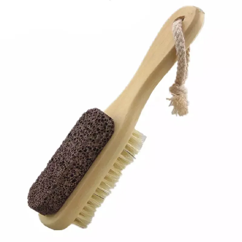 Brosse à pied en lave naturelle exfoliante Double face en pierre ponce, brosse en bois à poils doux