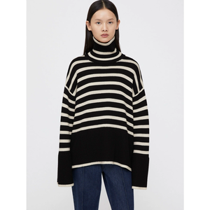 Custom <strong>Women</strong> Cashmere Wool Sweater <strong>Turtle</strong> <strong>Neck</strong> Knitted <strong>Jumper</strong> Cross Striped Drop Shoulder - Product Image 4