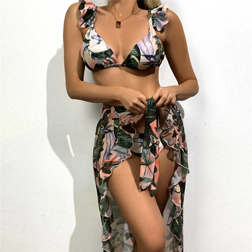 LEVEL 22018 Women's 3 piece swimwear set Tropical Pleated Halter Bikini Swimsuit with Cover Up Wrap Skirt