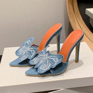 Big Women Blue Denim Sandals Dress Stiletto Party <b>Shoes</b> Thin High Heels Embroidered Mules Jeans Slides - Product Image 2