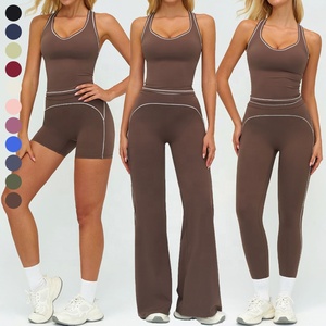 Ensemble de <span class=keywords><strong>sport</strong></span> color block pour femme, respirant, débardeur de yoga sans manches, short de <span class=keywords><strong>sport</strong></span> taille haute, leggings et pantalon évasé pour le fitness - Product Image 6