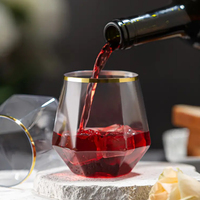 Verre à vin en plastique avec bord doré et logo personnalisé, sans MOQ, 12 oz, coupe à cocktail transparente sans pied effet diamant pour mariage, bar, restauration