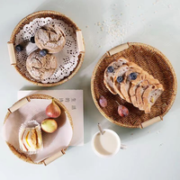 1 pièce en gros, panier de rangement rond en rotin PP tressé à la main avec finition laquée, pour la cuisine, la vaisselle, le pain, les fruits, les gâteaux et le service de dîner