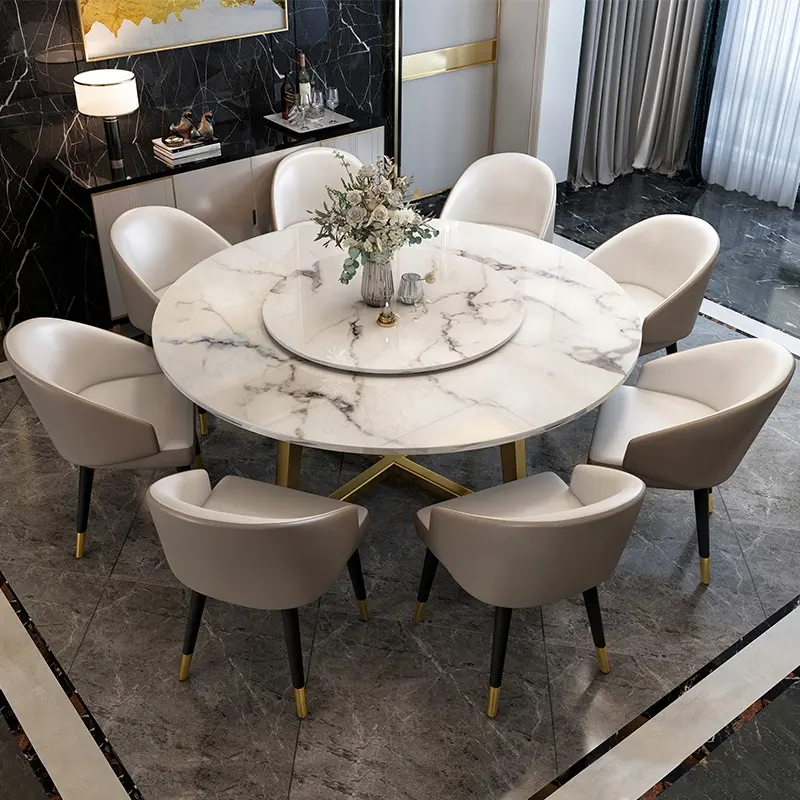 Rotatable Round Dining Table Luxury White Marble Dining Tables White Marble Top