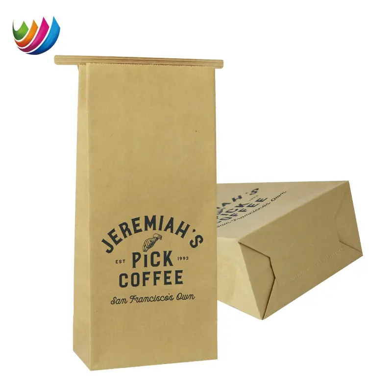 주석 넥타이가있는 맞춤형 도매 사각형 바닥 갈색 크래프트 종이 커피 포장 가방