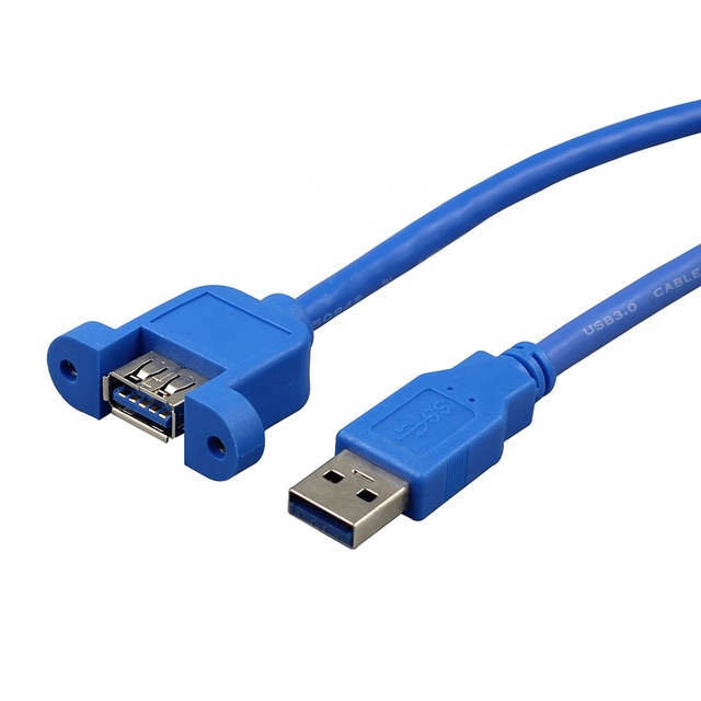 USB 3.0 Extension Cable Male Female Panel Mount Screw Lock Fast Charging 3A Braid Shielding PVC Jacket Computer Data Cord Stock