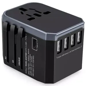 多合一全球交流电源壁式充电器插头4 USB 1 Type-C欧盟英国AU智能旅行适配器国际插头适配器