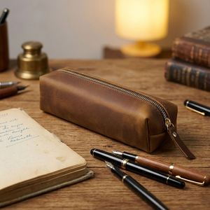 Simple Top Layer Cowhide Zipper Durable Pencil Case Student Pencil <b>Box</b> <b>Large</b> Capacity Modern Stationery Bag Welcome <b>Gifts</b> - Product Image 3