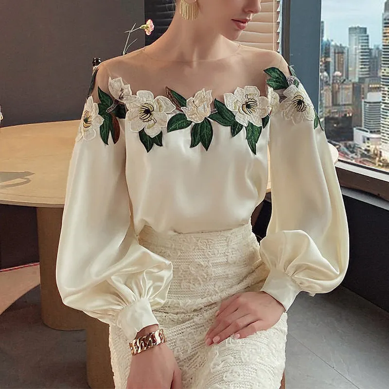 2023 New Fall Mesh Splicing Satin Flower Embroidery Shirts Off The Shoulder Flare Sleeve Elegant Office Women's Blouses   Shirts