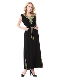 Summer Linen Blend Plus Size 3XL Embroidery Abaya Women Muslim Dress V Neck Sleeveless <strong>Turkish</strong> Dubai Abaya Ethnic <strong>Clothes</strong> - Product Image 5