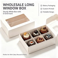 Boîte de boulangerie en gros à fenêtre longue, robuste, blanche, avec insert à 6 compartiments, pliable, imprimée sur mesure pour mini-gâteaux, mousses et pâtisseries