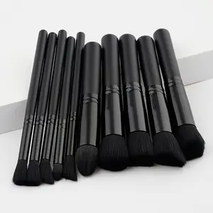 FEIYAN Big Size High Quality 10pcs Synthetic Vegan Kabuki Make Up Brush Custom Private Label Makeup Brushes With Black Bristles