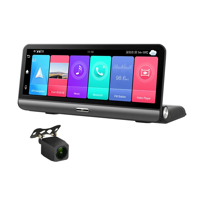 Kotak Hitam Dasbor Mobil P03 Layar Sentuh 8 Inci Kamera DVR Mobil Android 4G dengan WIFI Navigasi GPS ADAS Kamera Ganda HD1080P