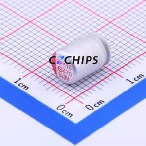 ตัวเก็บประจุแบบแข็ง 6R3AREP471M06X8E11P26 แบบ Through hole (THT), ขนาด D6.3xL8 มม. 470uF 20% 6.3V 4A100kHz - Product Image 1