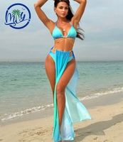 AMCLEVER Sexy 3 Dames Bikini Set Gradiënt Mesh Print Lange Rok Trekkoord Ombre Halter Sneldrogend Badmode Strand Cover