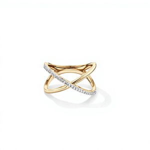 Bague en forme de X sertie de diamants ronds brillants, plaquée or jaune sur argent, pour femme, style géométrique, pour cocktail - Product Image 1