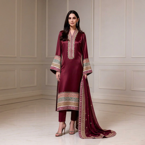 Élégant Salwar Kameez en Soie Bordeaux, Coupe Ample Longue, Tenue Traditionnelle Indienne/Pakistanaise pour Mariage, Femme Adulte, Toutes Saisons - Product Image 1