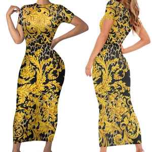 Fashion Golden Floral Ladies Wears <strong>Dresses</strong> Casual Elegant Women European And American Flower Printed Short Sleeve Bodycon <strong>Dress</strong> - Product Image 3