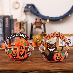 Décorations suspendues pour <span class=keywords><strong>porte</strong></span> d'<span class=keywords><strong>Halloween</strong></span> Pendentif rond en bois imprimé Citrouille Chat noir Panneau de bienvenue Fantôme Festival Party Layout Props - Product Image 6