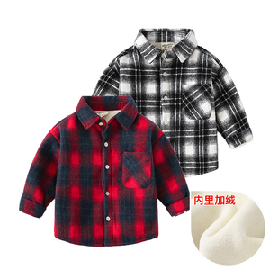 Automne hiver tricoté <span class=keywords><strong>chemise</strong></span> doublée polaire pour garçons enfant en bas âge col rabattu décontracté Plaid couleur unie bouton de poche enfants - Product Image 6