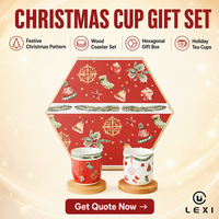 Set Cangkir Espresso Porselen Natal 6 Buah dengan Tatakan Kayu Kotak Hadiah Heksagonal Motif Meriah Cangkir Teh Hadiah Liburan Rumah