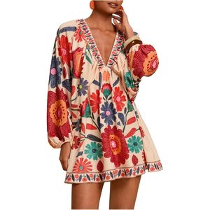 FOXA Women's <b>Boho</b> Floral V Neck Mini Dress Bishop Sleeve Loose Fit Casual Summer Dress - Product Image 1
