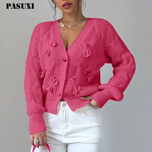 Suéter Cardigã de Tricô com Mangas Longas em Cor Sólida para Mulheres PASUXI, Novo Suéter Casual Curto para Outono e Inverno - Product Image 1
