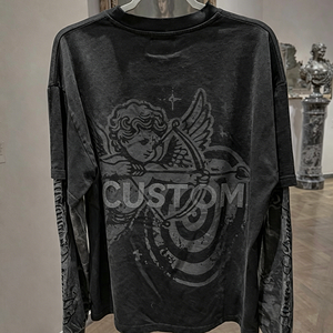 T-shirt pour homme à manches longues en coton double couche, col rond, imprimé DTG, style vintage, surdimensionné, streetwear, avec logo personnalisé - Product Image 2