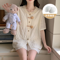 Piyama Musim Panas Wanita Mewah Korea, Motif Beruang Kecil Lucu, Lengan Pendek, Celana Pendek, Gaya Putri dengan Renda, Setelan Baju Rumah dengan Bantalan Dada