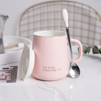 Tasse à café ou à thé en porcelaine de style minimaliste nordique 430 ml avec cuillère, bordure dorée, design par sublimation, couvercle écologique, cadeau de voyage ou de rentrée scolaire