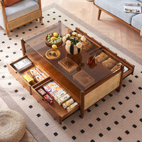 Mesa de Centro de Madera Maciza con Diseño de Mimbre Tejido y Múltiples Cajones de Almacenamiento