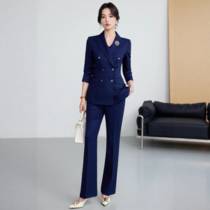 Women's Double Breasted Striped Suit Set Polyester Slim Fit Office Lady Spring Autumn Anti-Wrinkle Full Sleeve - Product Image 1
