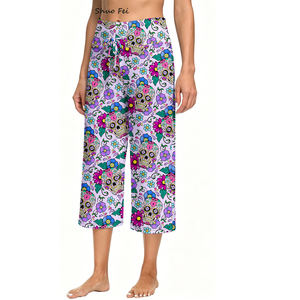 Pantalon Capri Taille Haute pour Femme, Imprimé Floral Crâne de Sucre, avec Cordon de Serrage, Motif Ethnique, Jambe Large, pour Yoga et Tenue d'Été - Product Image 3