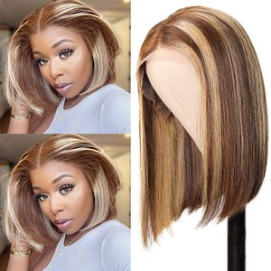 Perruque Lace Front Ajustable Sans Colle pour <span class=keywords><strong>Femme</strong></span>, Style Européen et Américain, <span class=keywords><strong>Coupe</strong></span> Bob Courte Droite avec Raie au Milieu pour Cheveux Courts - Product Image 3