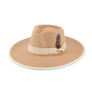 Özel düz keçe kovboy şapkaları toptan yetişkinler yeni geniş ağız pamuk kapaklar Unisex yün Fedora İngiliz silindir şapka