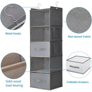 Organiseur de placard suspendu à 5 niveaux avec 2 tiroirs, pliable, en tissu non tissé, pour l'organisation des vêtements dans la chambre - Product Image 4