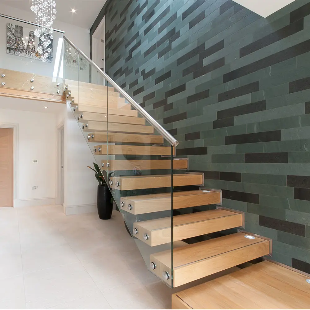 Duplex house glass floating stairs solid wood tread staircase with led stair light