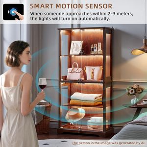 Vitrina Moderna de Madera SENYU con Iluminación LED, 4 Estantes, Puertas de Vidrio, Mueble de Almacenamiento para Sala de Estar, Vitrina para Curiosidades - Product Image 3