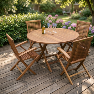 Teak Wood Outdoor Round <b>Dining</b> <b>Table</b> <b>with</b> 4 <b>Chairs</b> Minimalist Design Villa & Park Patio Furniture Set - Product Image 3
