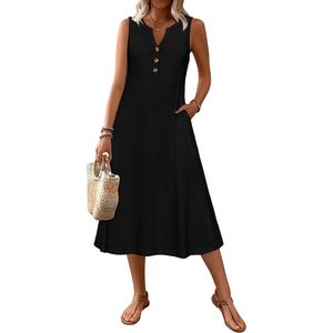 Robe d'été pour femmes, sans manches, col en V, mi-longue, style bohème, robe de plage pour les vacances, vêtements décontractés respirants en tissu tissé - Product Image 1