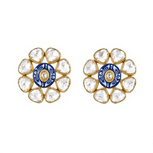 Premium Handmade Fashion rodhium Plated <b>Blue</b> Center Floral Kundan <b>Earrings</b> Elegant Party Wear Jewelry - Product Image 1